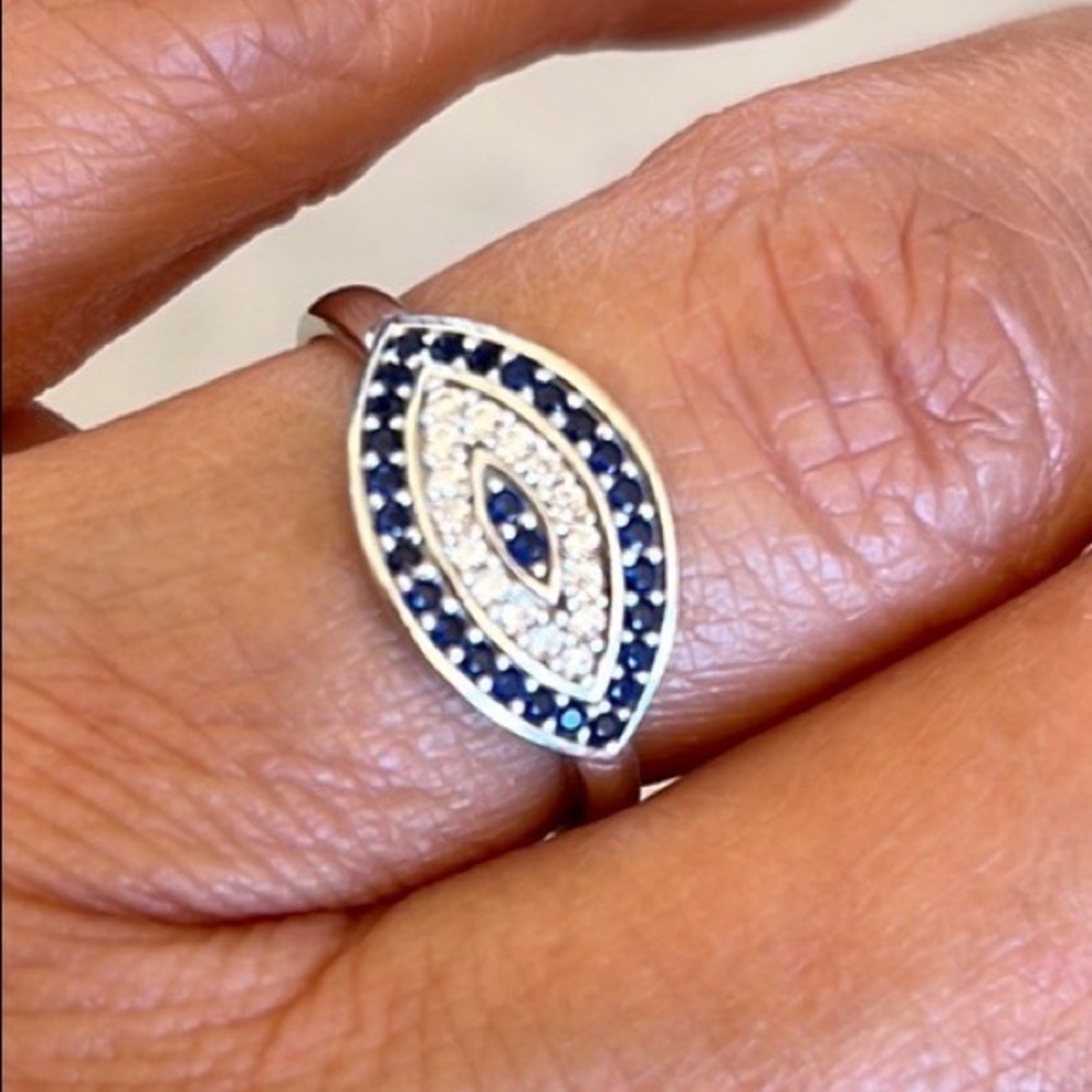 Evil Eye Ring in Sterling Silver sizes 6 7 8 9 with clear and Blue CZ stones